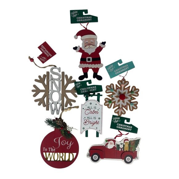 Holiday Style Christmas Wooden Ornament 6 Pc Set Santa Snowflake New - Picture 1 of 9